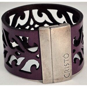 Cristo Boho Leather Bracelet 6.75" Purple Laser Cut Scroll Design Magnetic Clasp